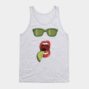 Mouth about to eat a slice of a green lime and matching green sun glasses Tank Top